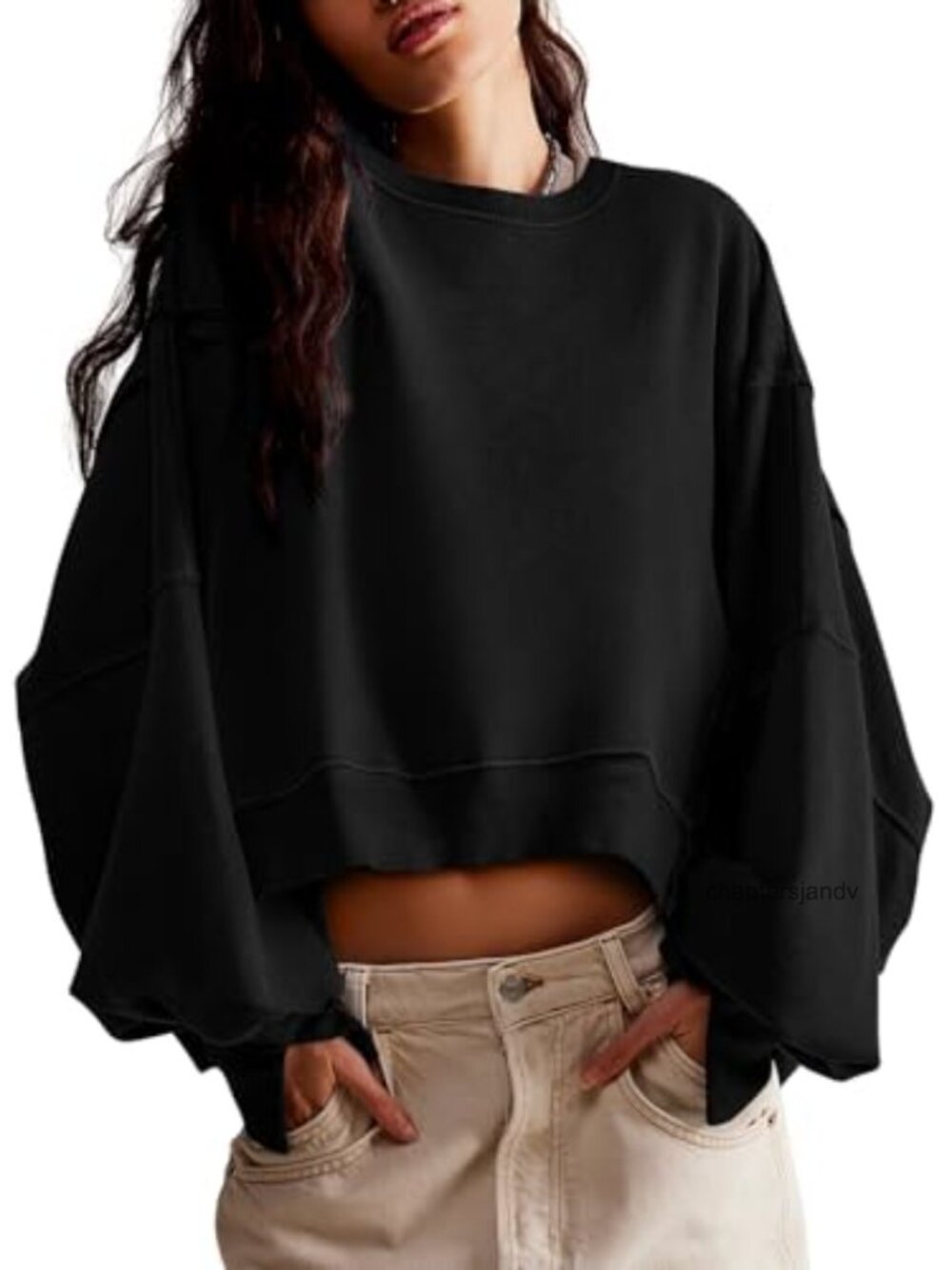 Womens Casual Crop Sweatshirt Loose Fit Pullover Long Sleeve Crew Neck